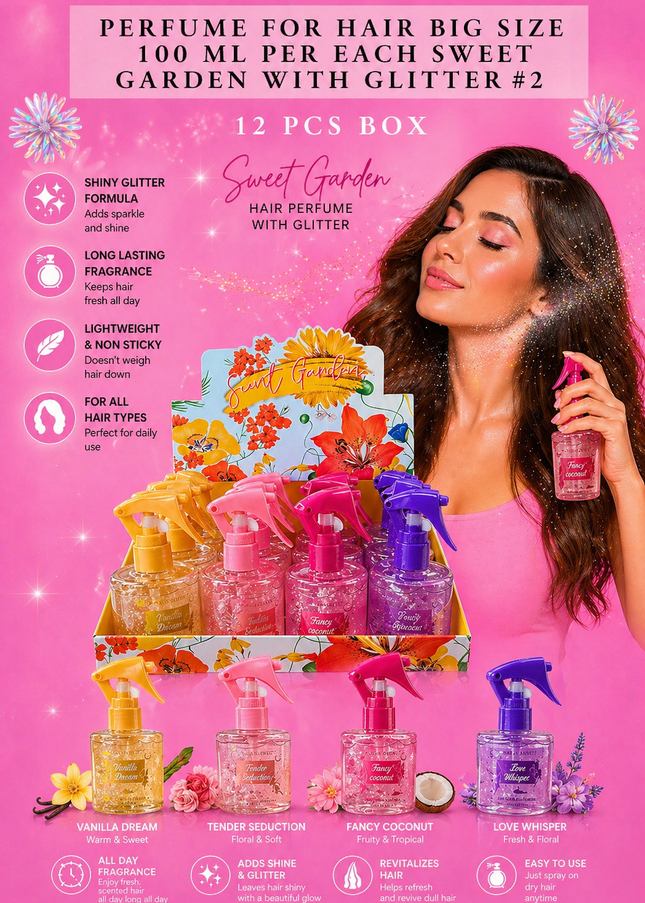 PERFUME FOR HAIR BIG SIZE 100 ML PER EACH SWEET GARDEN WITH GLITTER #2 - (12 PCS BOX)
