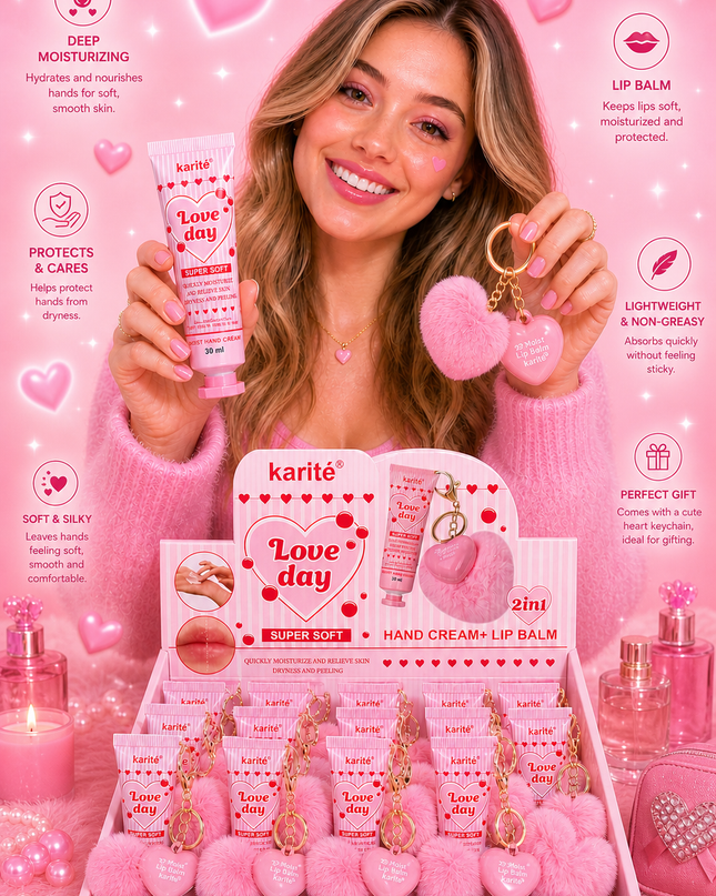 HAND CREAM & LIP BALM WITH KEYCHAIN  LOVE DAY KARITE - 12 pcs box