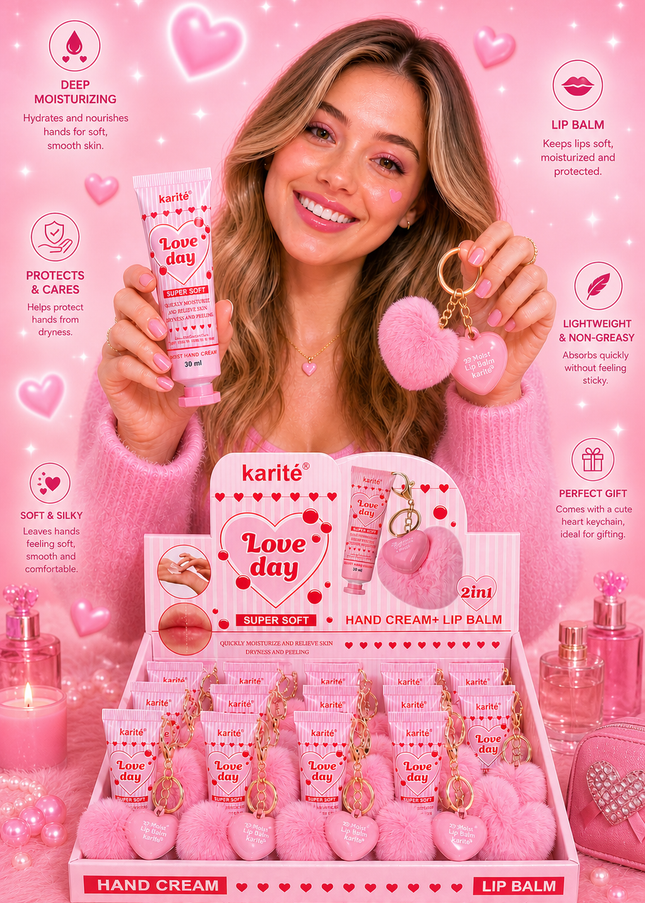 HAND CREAM & LIP BALM WITH KEYCHAIN  LOVE DAY KARITE - 12 pcs box