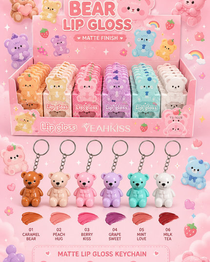 YEAHKISS -LIP GLOSS MATTE  BEAR WITH KEYCHAIN