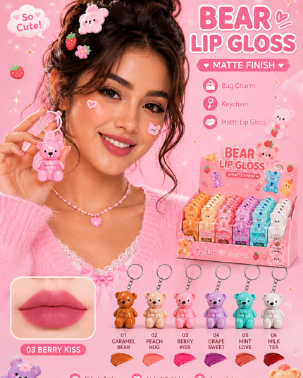 YEAHKISS -LIP GLOSS MATTE  BEAR WITH KEYCHAIN