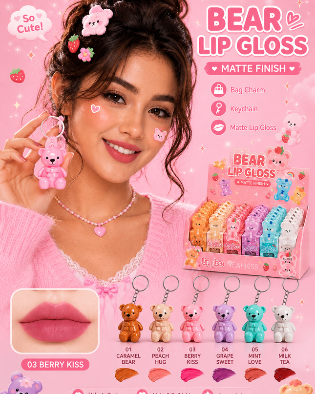 YEAHKISS -LIP GLOSS MATTE  BEAR WITH KEYCHAIN