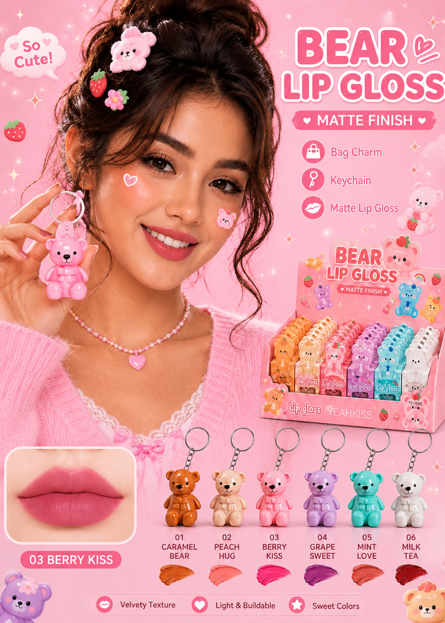 YEAHKISS -LIP GLOSS MATTE  BEAR WITH KEYCHAIN