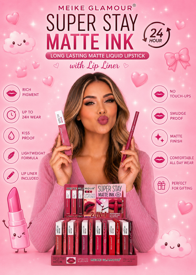 LIP GLOSS DUO MATTE & LIP LINER-2&1 MEIKE GLAMOUR -24 SET BOX #MK243
