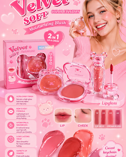 KISS BEAUTY SET - 2 in 1 - ( lip mud, blush & lipgloss) - 12 pcs set
