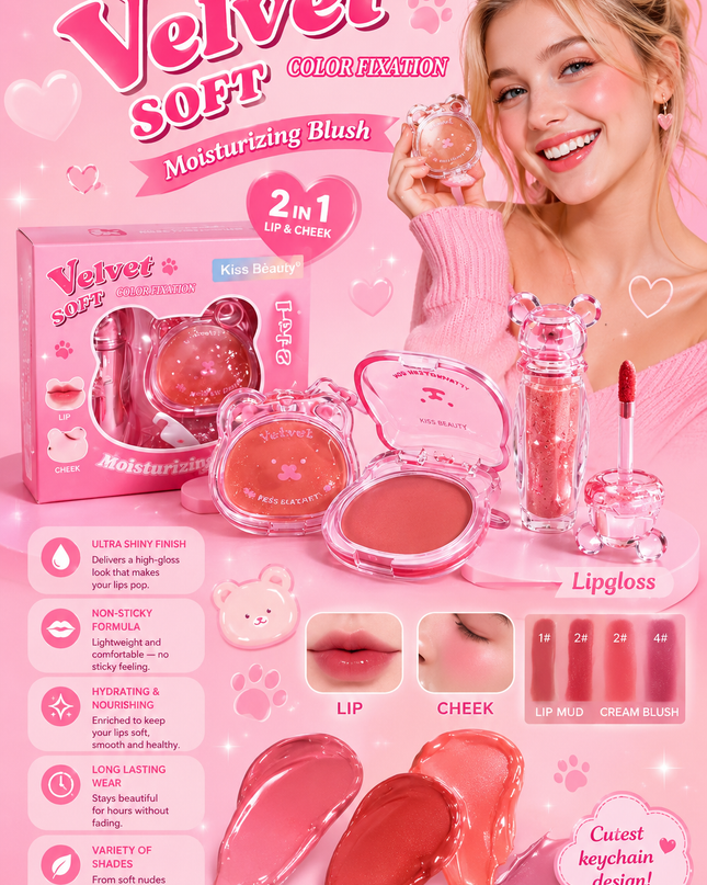 KISS BEAUTY SET - 2 in 1 - ( lip mud, blush & lipgloss) - 12 pcs set