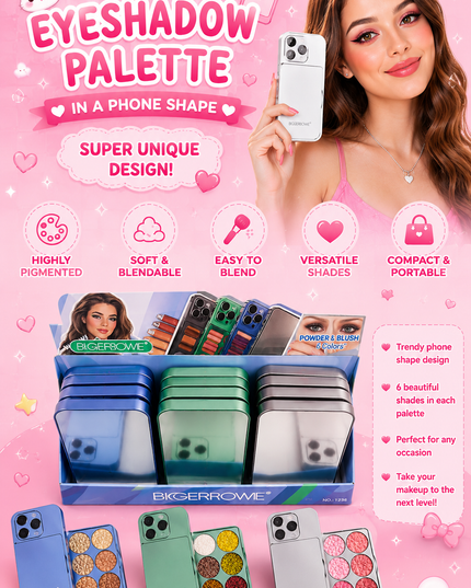 CELLPHONE EYESHADOW PALETTE WITH MIRROR ( highlighter, blush &  glitter (12 pcs box)