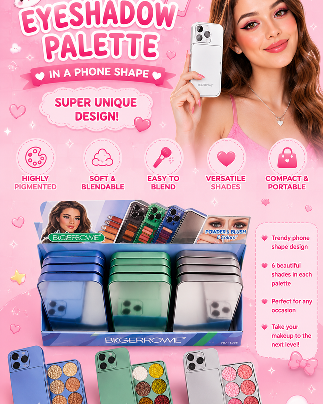 CELLPHONE EYESHADOW PALETTE WITH MIRROR ( highlighter, blush &  glitter (12 pcs box)