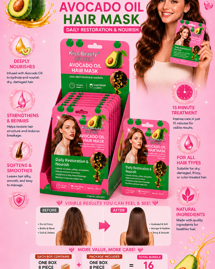 KISS BEAUTY - TREATMENT HAIR MASK  AVOCADO- 2 cases - (16 pcs set )