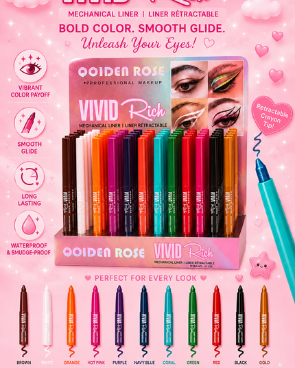 EYELINER COLORS- crayon- QOIDEN ROSE - RETRACTABLE DUO EYEBROW PENCIL & BRUSH - (72 pcs box)
