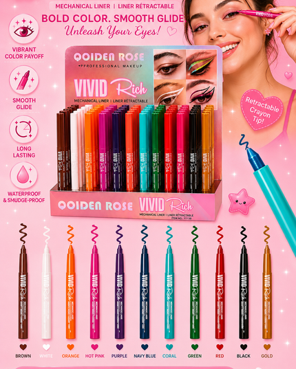 EYELINER COLORS- crayon- QOIDEN ROSE - RETRACTABLE DUO EYEBROW PENCIL & BRUSH - (72 pcs box)