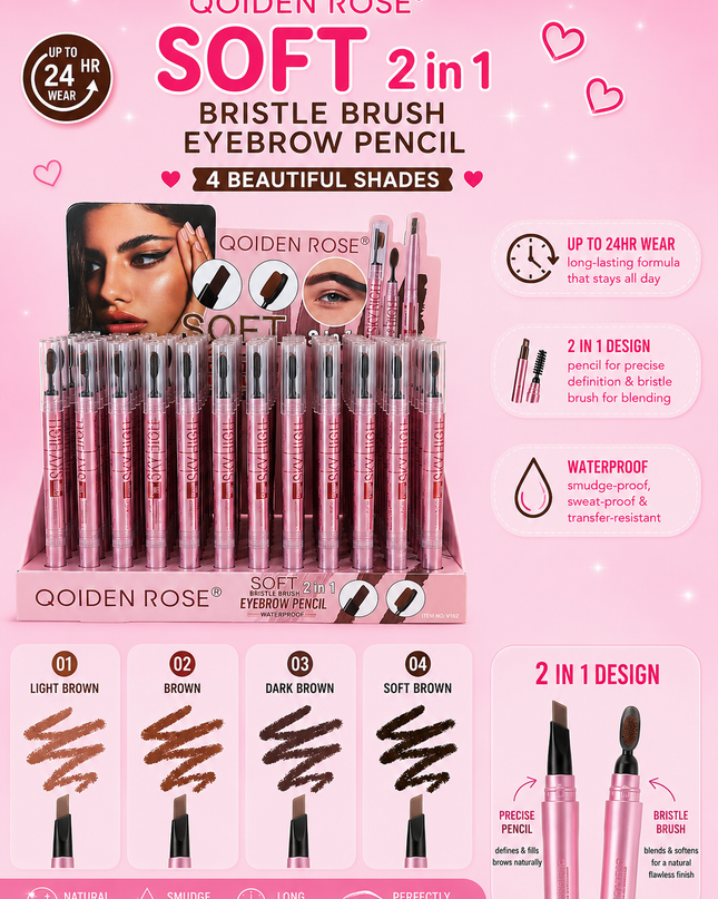 SKY HIGH QOIDEN ROSE - RETRACTABLE DUO EYEBROW PENCIL & BRUSH - (72 pcs box) brush #2