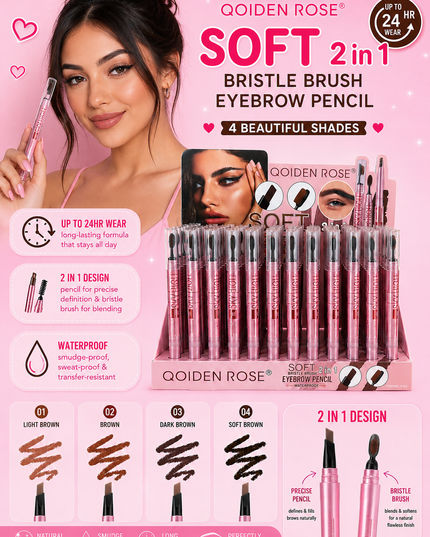 SKY HIGH QOIDEN ROSE - RETRACTABLE DUO EYEBROW PENCIL & BRUSH - (72 pcs box) brush #2