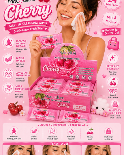 MOCALLURE CLEANSING WIPES  CHERRY #FF236- (makeup remover wipes )24 pcs box