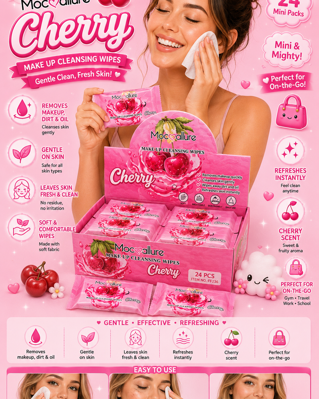 MOCALLURE CLEANSING WIPES  CHERRY #FF236- (makeup remover wipes )24 pcs box