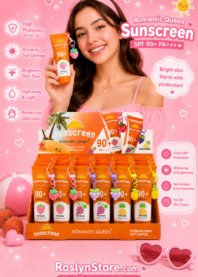 SUNSCREEN 90+ ROMANTIC QUEEN WITH KEYCHAIN - FRUIT - 24 pcs box ( #S090)