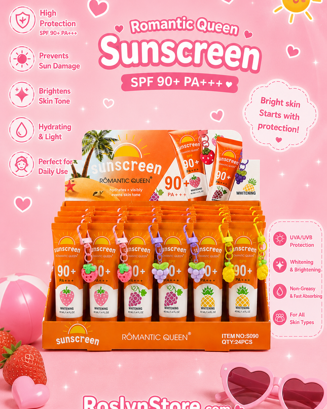 SUNSCREEN 90+ ROMANTIC QUEEN WITH KEYCHAIN - FRUIT - 24 pcs box ( #S090)