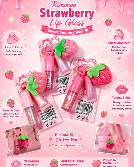 RIMOCOO STRAWBERRY Double lipgloss with KEYCHAIN & plushies - 12 pcs box ( #R9256)