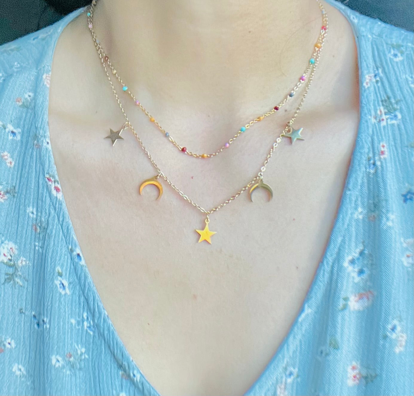 Doble Colorful Necklace Star & Moon 18k Gold Filled - stainless steel