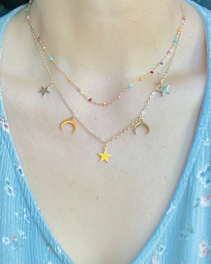 Doble Collar Colorido Estrella y Luna Relleno de Oro 18k - acero inoxidable 