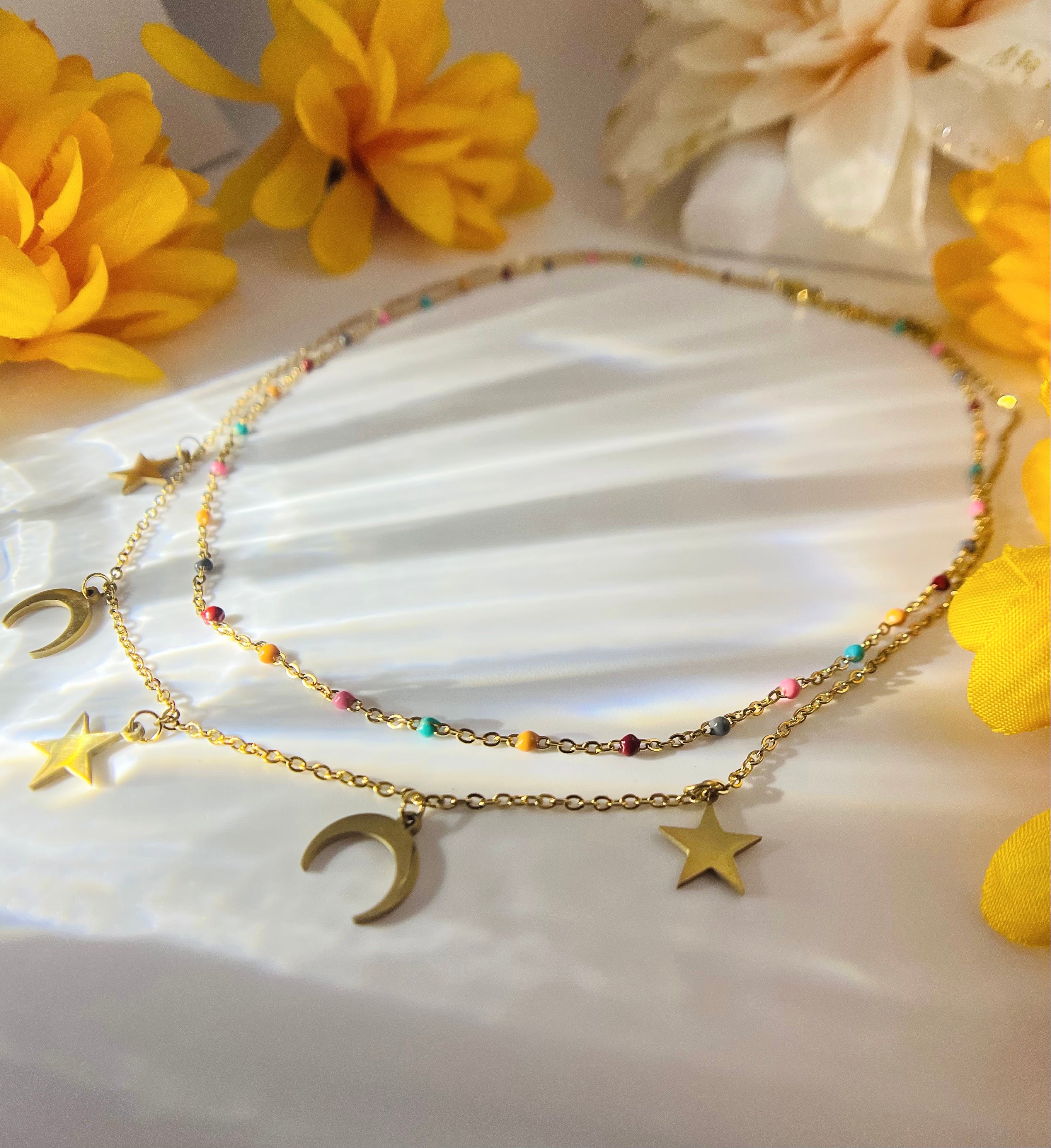 Doble Colorful Necklace Star & Moon 18k Gold Filled - stainless steel