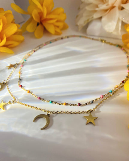 Doble Collar Colorido Estrella y Luna Relleno de Oro 18k - acero inoxidable 