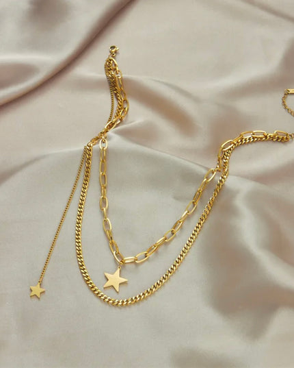 Star necklace 18k Gold Filled/ doble Chain- non tarnish - stainless steel