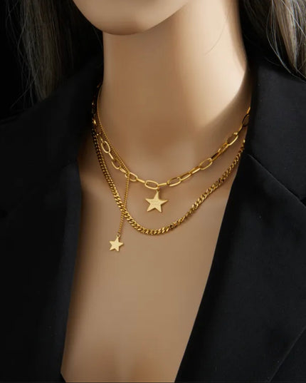 Star necklace 18k Gold Filled/ doble Chain- non tarnish - stainless steel