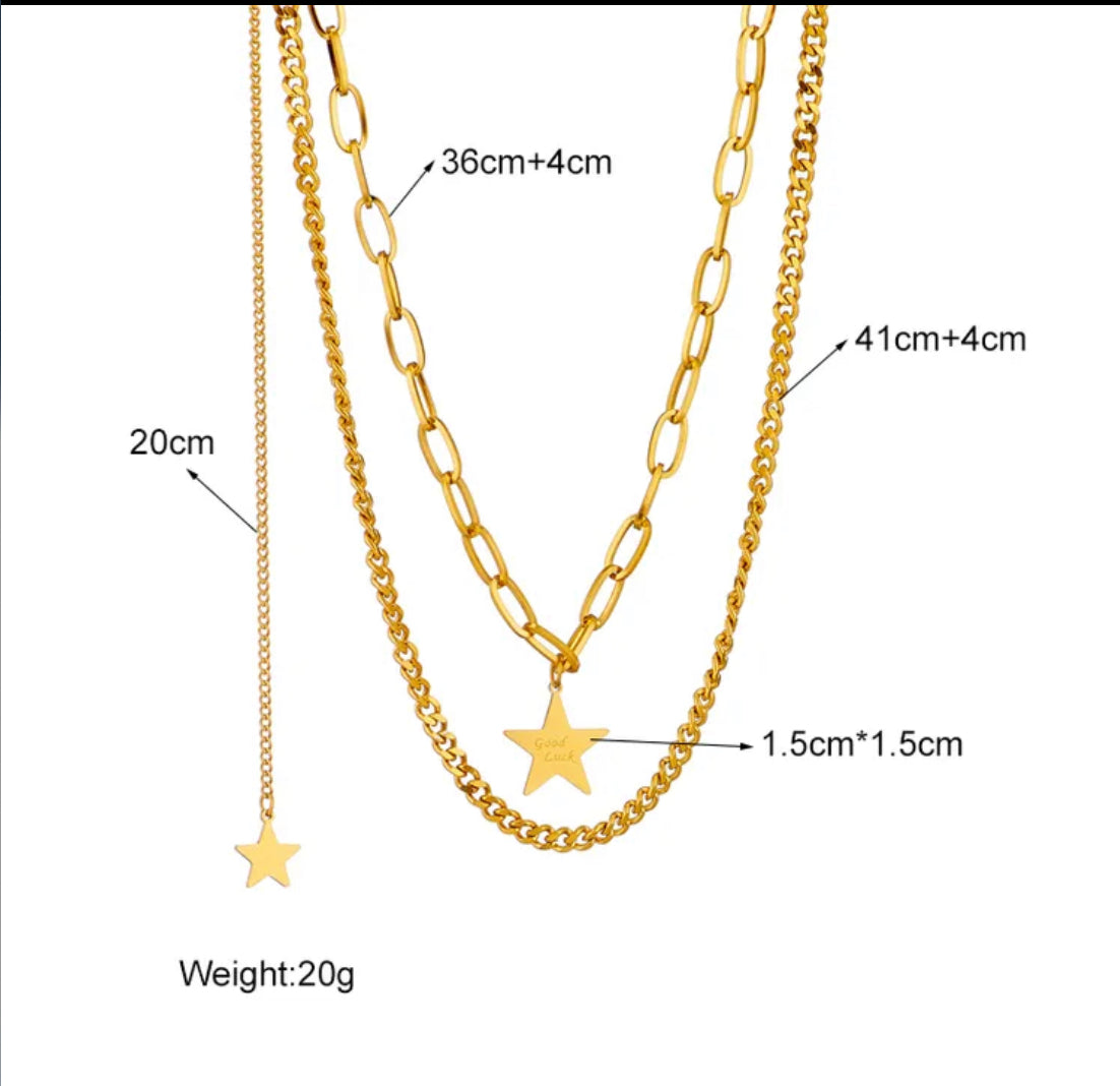 Star necklace 18k Gold Filled/ doble Chain- non tarnish - stainless steel