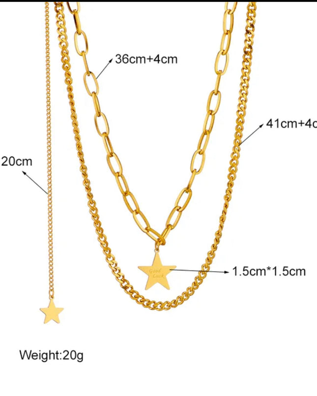Collar estrella chapado en oro de 18 quilates/cadena doble- no se deslustra - acero inoxidable 
