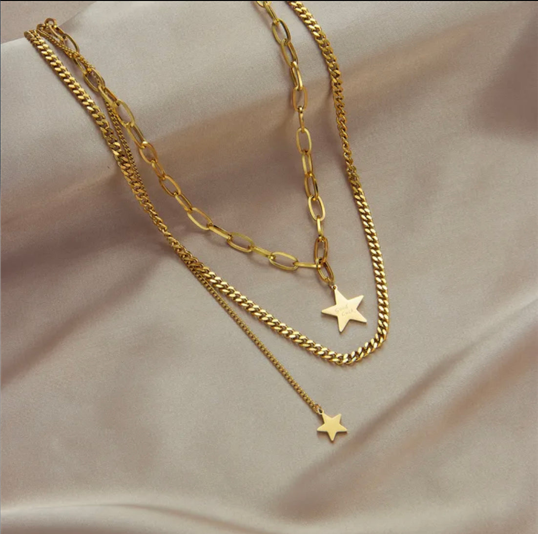 Star necklace 18k Gold Filled/ doble Chain- non tarnish - stainless steel