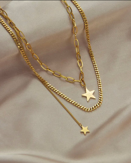 Star necklace 18k Gold Filled/ doble Chain- non tarnish - stainless steel