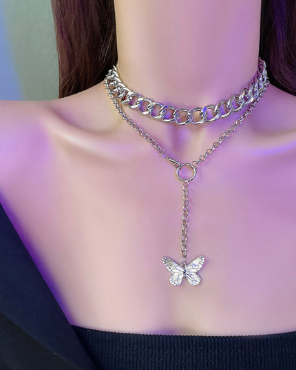 Cadena doble gruesa mariposa Acero inoxidable chapado en oro de 18k resistente al agua 