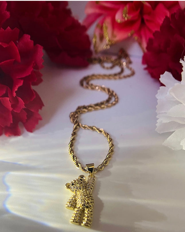Collar de oso con cadena de cuerda - Circón cúbico relleno de oro de 18 quilates