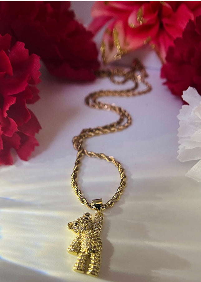 Collar de oso con cadena de cuerda - Circón cúbico relleno de oro de 18 quilates