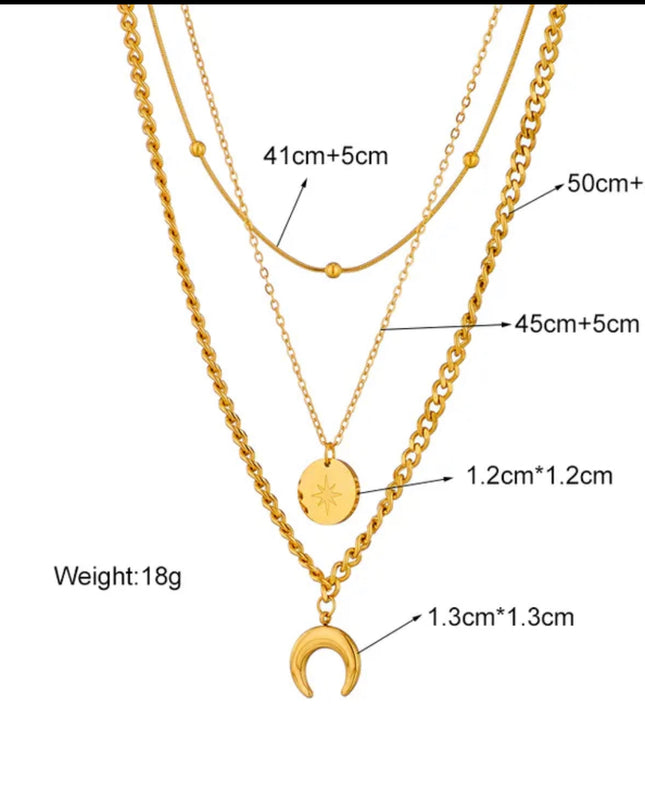 Collar de Cadena Triple Luna y Estrella Relleno de Oro 18k 