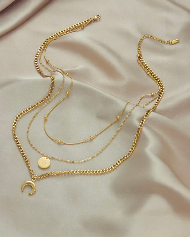 Collar de Cadena Triple Luna y Estrella Relleno de Oro 18k 