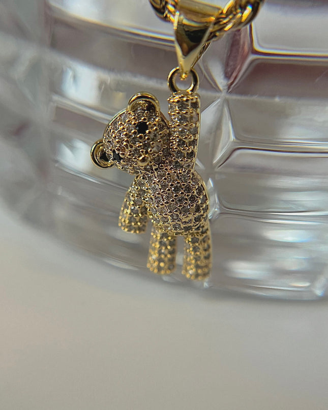 Collar de oso con cadena de cuerda - Circón cúbico relleno de oro de 18 quilates
