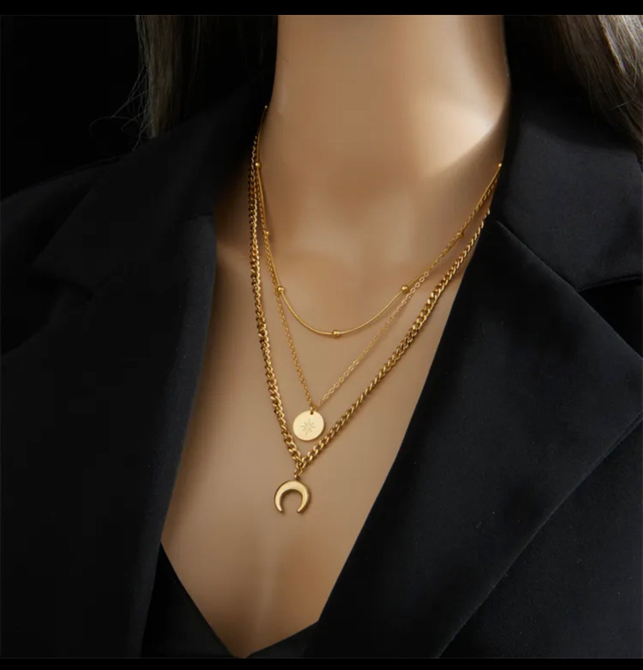 Triple Chain Necklace Moon & Star 18k Gold Filled