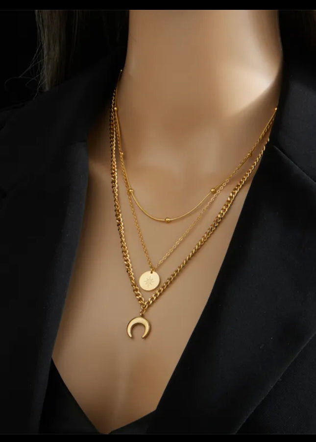 Triple Chain Necklace Moon & Star 18k Gold Filled