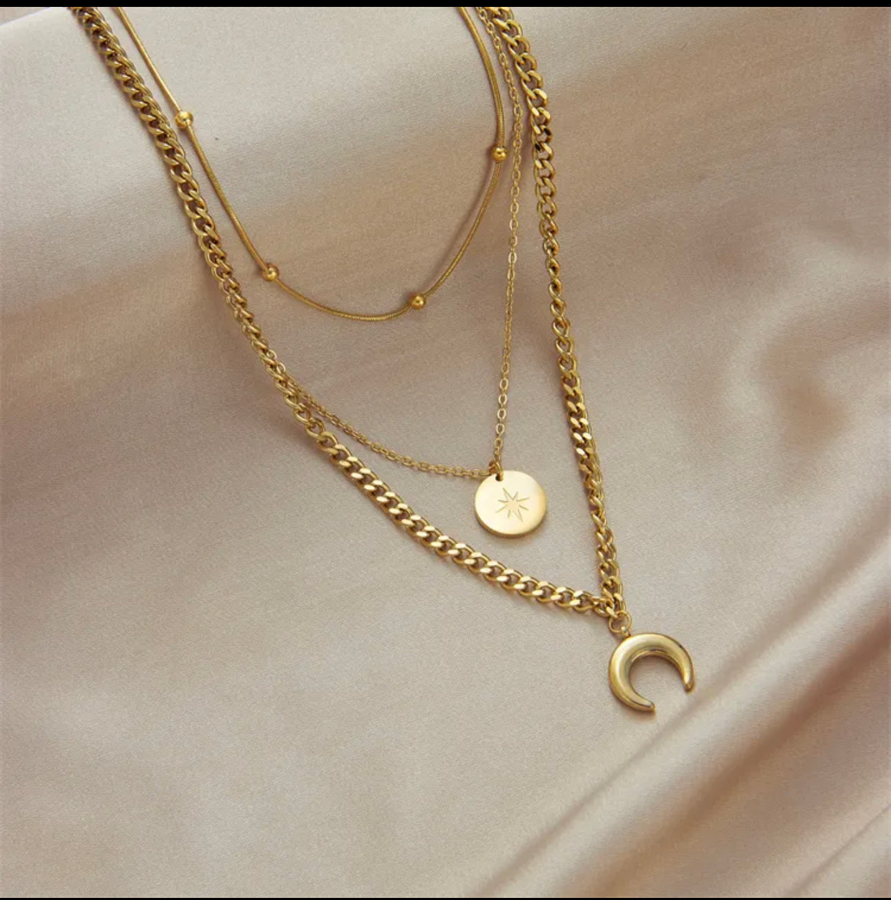 Triple Chain Necklace Moon & Star 18k Gold Filled