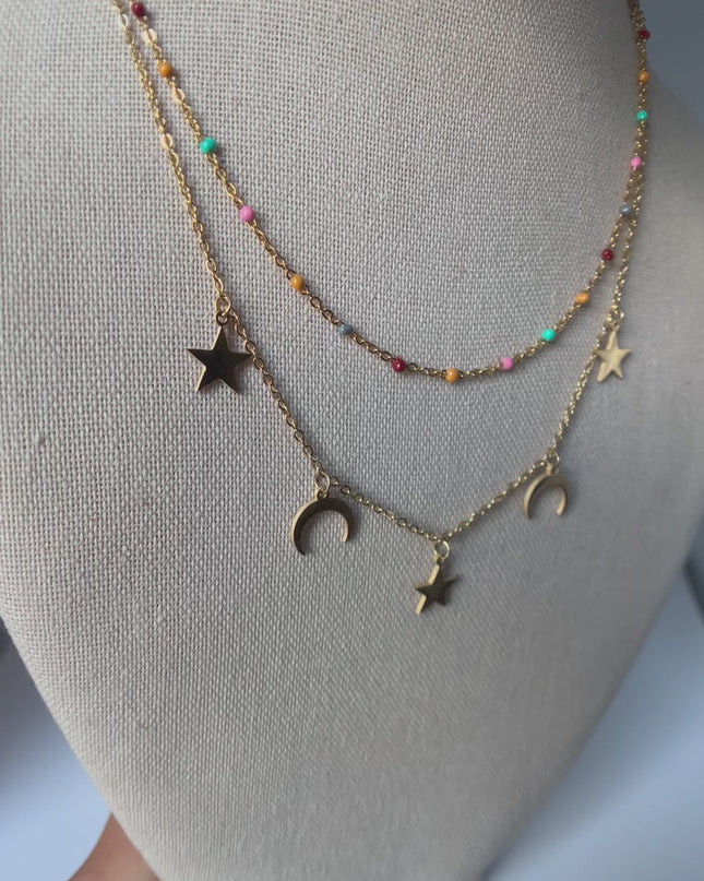 Doble Collar Colorido Estrella y Luna Relleno de Oro 18k - acero inoxidable 