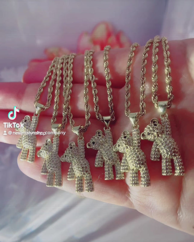 Collar de oso con cadena de cuerda - Circón cúbico relleno de oro de 18 quilates