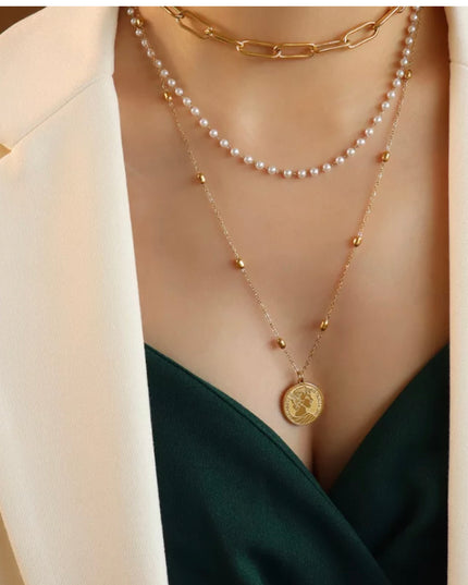 Vintage Necklace Pearl Titanium Steel 18k Gold Filled/ Triple Chain- non tarnish