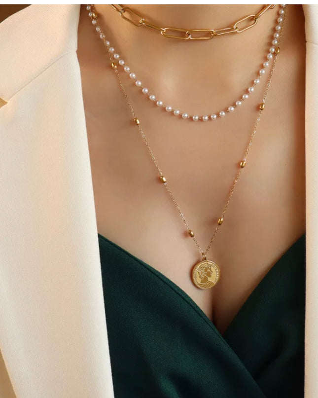 Collar vintage Perla Titanio Acero 18k Gold Filled / Cadena triple - no empañar 