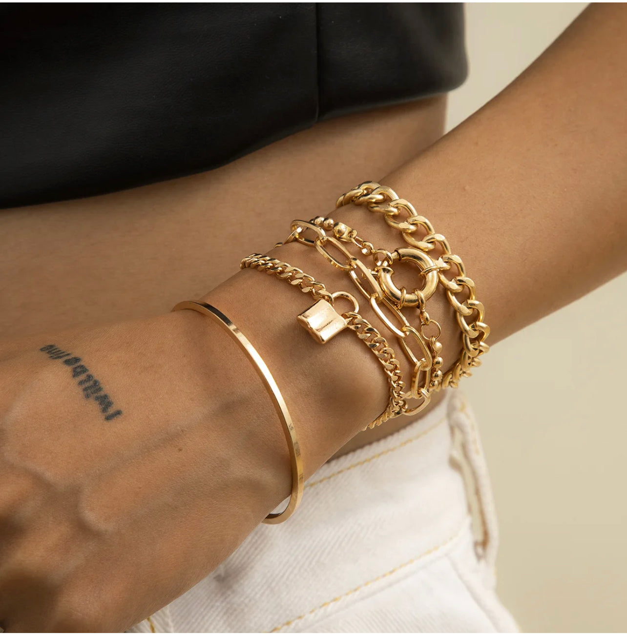 Juego de Pulseras de Oro para Mujer Eslabones de Metal Chapado en Oro de 14k Ajustables | Juego 5 piezas 