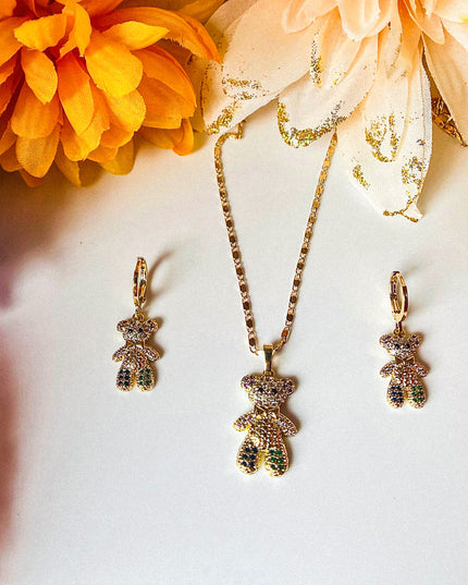 Bear Necklace and earring set Colorful and 18K Gold Filled Cubic Zircon