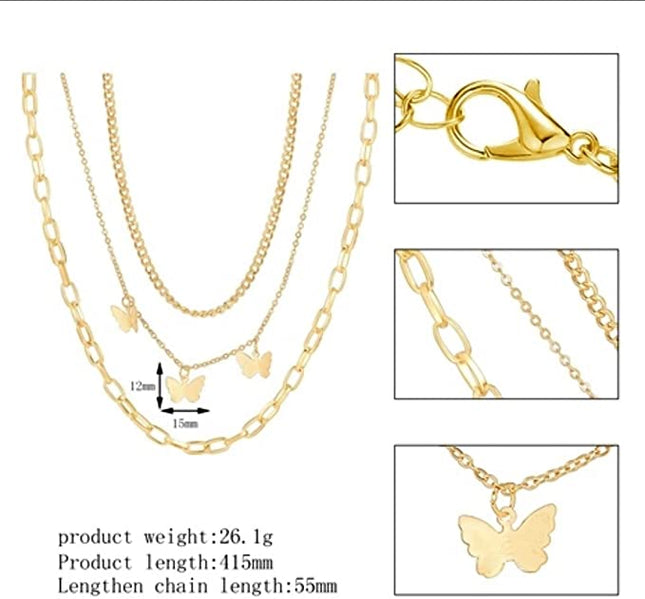 Cadena Triple Mariposa Chapada En Oro 18k 