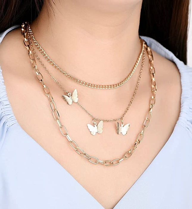 Cadena Triple Mariposa Chapada En Oro 18k 