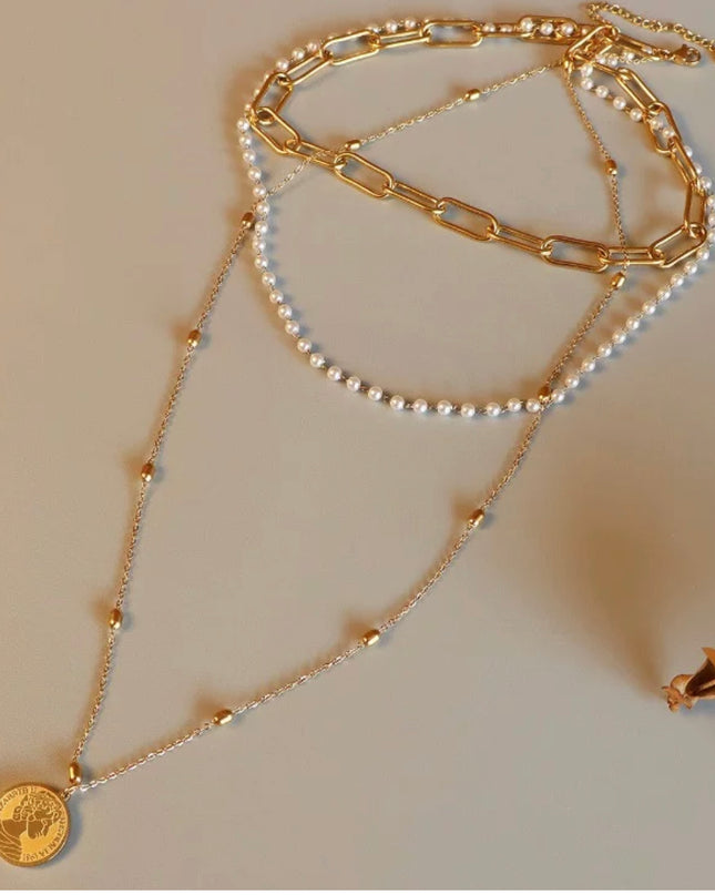 Collar vintage Perla Titanio Acero 18k Gold Filled / Cadena triple - no empañar 